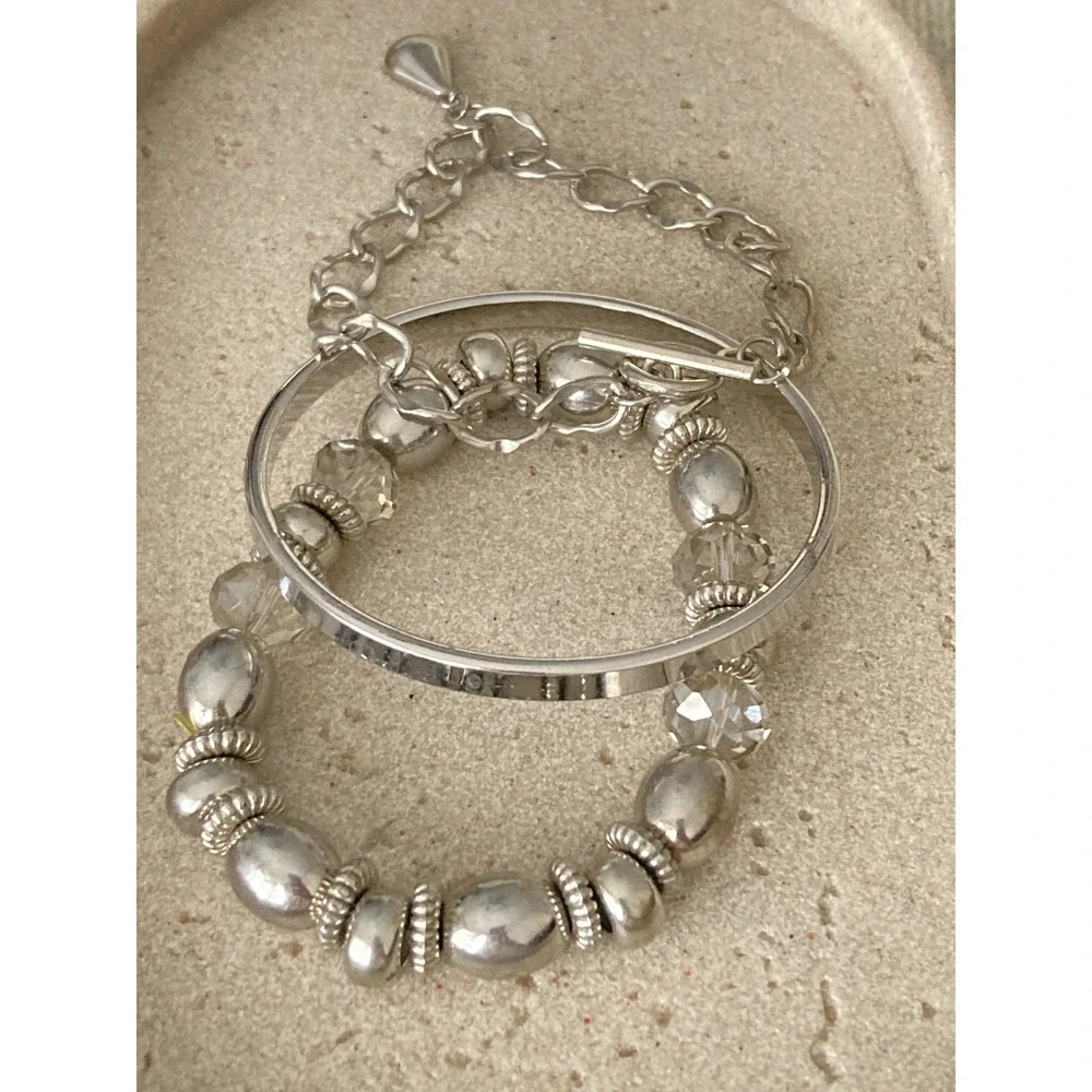 Glossy‎ Silver Tone Bangle Bracelet Set Of 3 Rhinestone Beaded Chain Link Chunky
